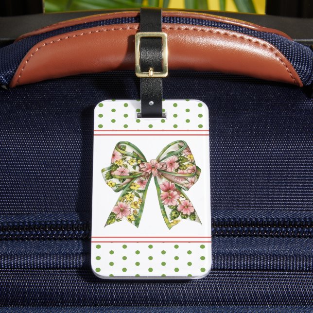 Preppy Pink and Green Floral Bow Personalized Bagagebricka (Framsida Insitu 2)
