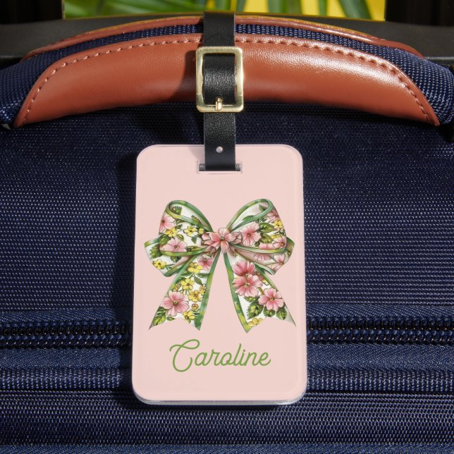 Preppy Pink and Green Floral Bow Personalized Bagagebricka (Framsida Insitu 2)