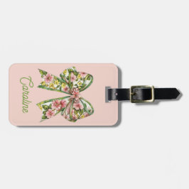Preppy Pink and Green Floral Bow Personalized Bagagebricka