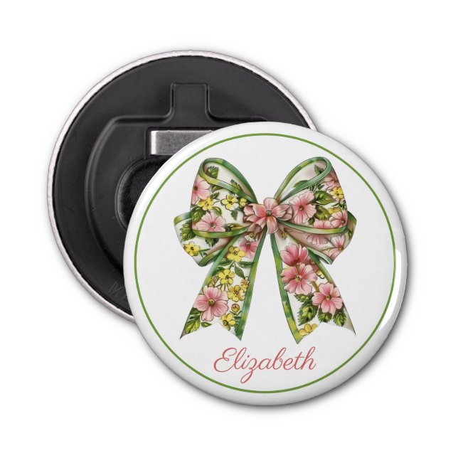 Preppy Pink and Green Floral Bow Personalized Flasköppnare (Framsidan)