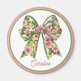 Preppy Pink and Green Floral Bow Personalized Magnet