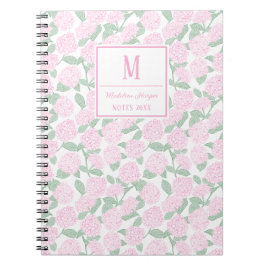 Preppy Pink and Green Hydrangeas Monogram Anteckningsbok