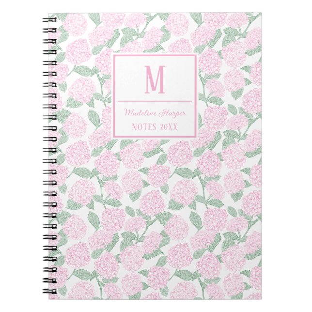 Preppy Pink and Green Hydrangeas Monogram Anteckningsbok (Framsidan)