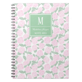 Preppy Pink and Green Hydrangeas Monogram Anteckningsbok