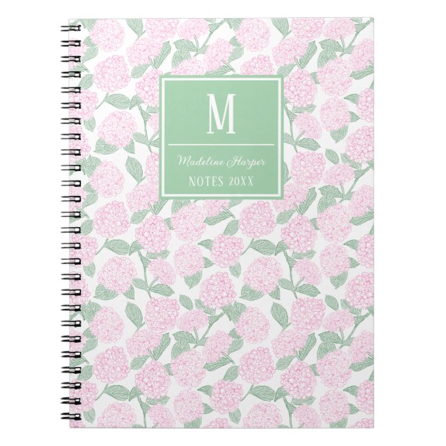 Preppy Pink and Green Hydrangeas Monogram Anteckningsbok (Framsidan)
