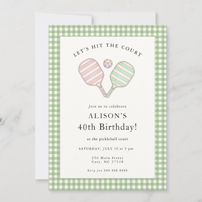 Preppy Pink and Green Pickleball Birthday party  Inbjudningar (Framsida)