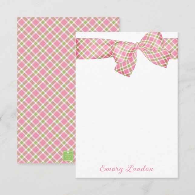 Preppy Pink and Green Plaid Bow Personalized Anteckningskort (Fram/baksida)