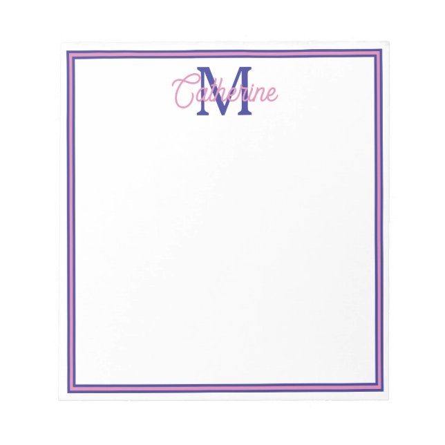 Preppy Pink and Navy Blue Simple Monogram Anteckningsblock (Framsida)
