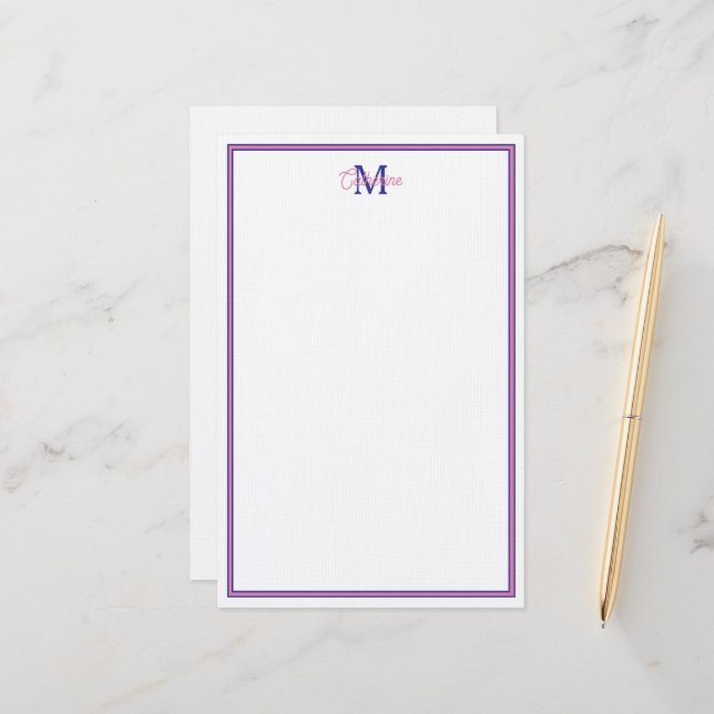 Preppy Pink and Navy Blue Simple Monogram Brevpapper (Fram/Back In Situ)