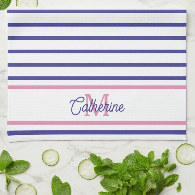 Preppy Pink and Navy Blue Stripe Simple Monogram Kökshandduk (Vikta)