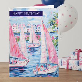 Preppy Pink Blue Tropical Sailboats Happy Birthday Kort