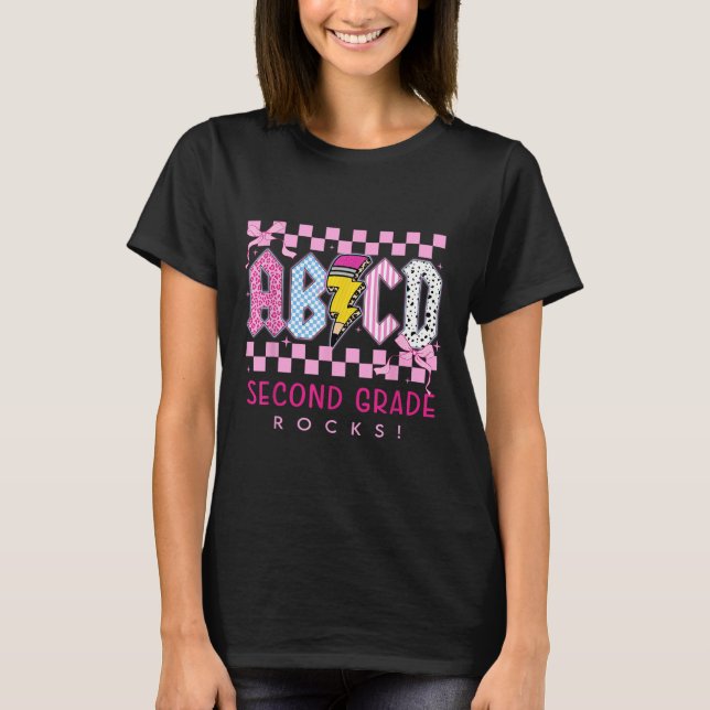 Preppy Pink Bow Abcd Second Grade Rocks Pencil Lig T Shirt (Framsida)