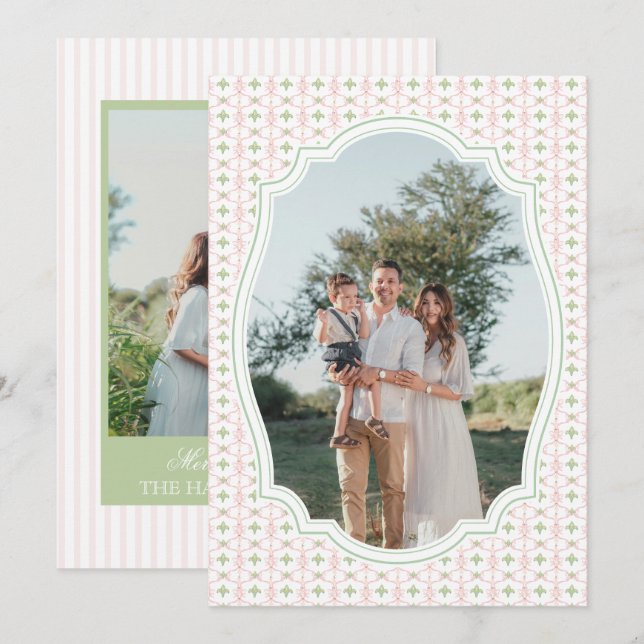 Preppy Pink Bow Christmas Nutcracker 2 Photos  Julkort (Fram/baksida)