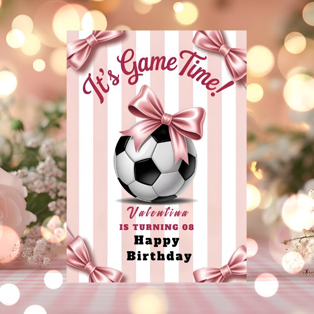 Preppy Pink Bow Soccer Birthday Kort (Skapare uppladdad)