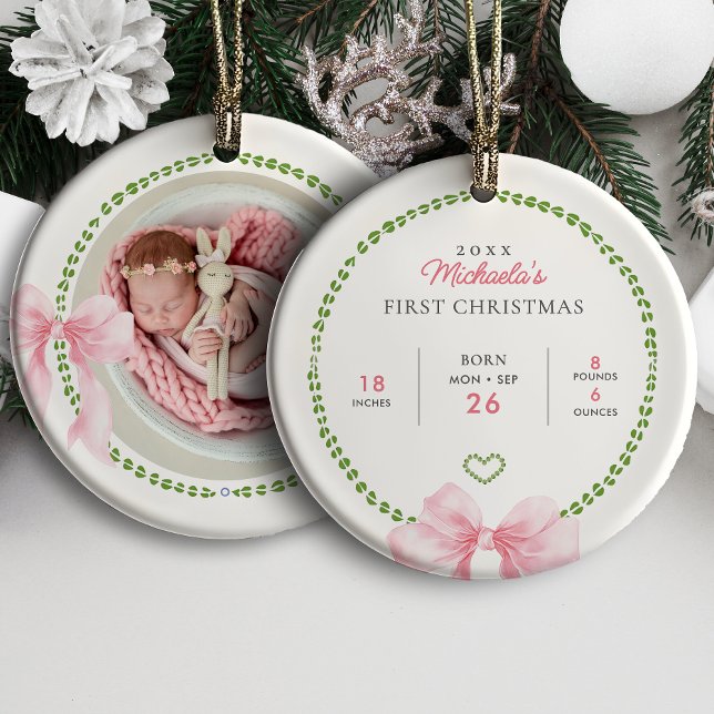 Preppy Pink Bows Baby's First Christmas Photo Julgransprydnad Keramik (Skapare uppladdad)