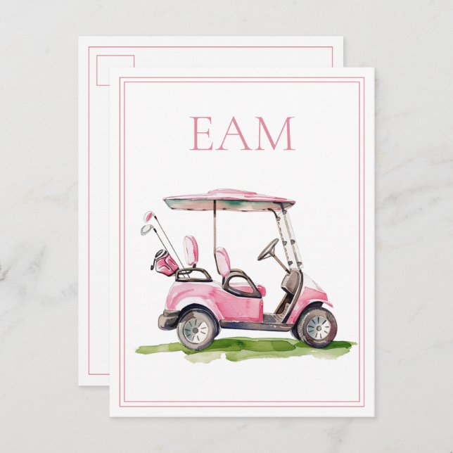 Preppy Pink Golf Cart Monogram Vykort (Fram/baksida)