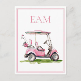 Preppy Pink Golf Cart Monogram Vykort