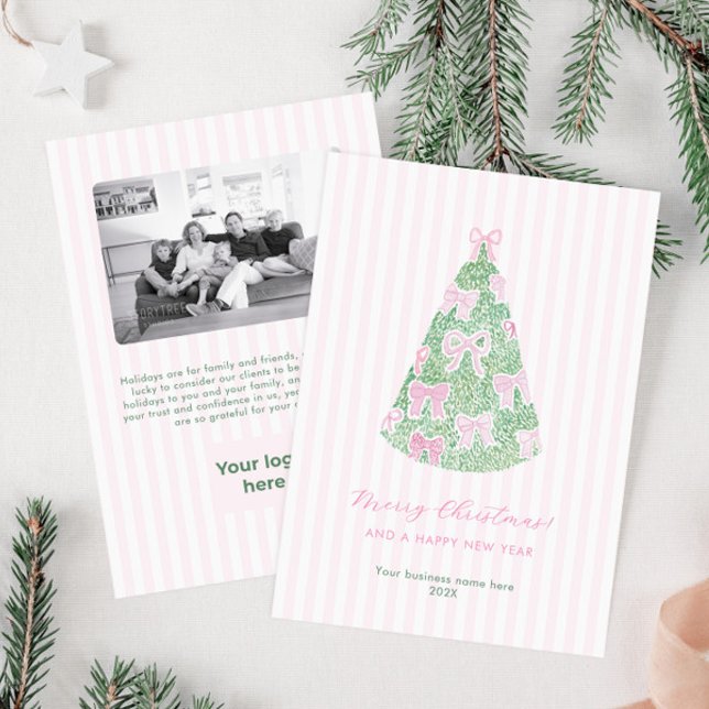 Preppy Pink Green Bows Business Logo Corporate Julkort (Informal and feminine pink bows corporate christmas card perfect for a women-owned business. )