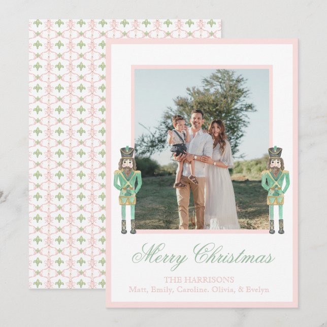 Preppy Pink Green Christmas Nutcracker 2 Photos  Julkort (Fram/baksida)