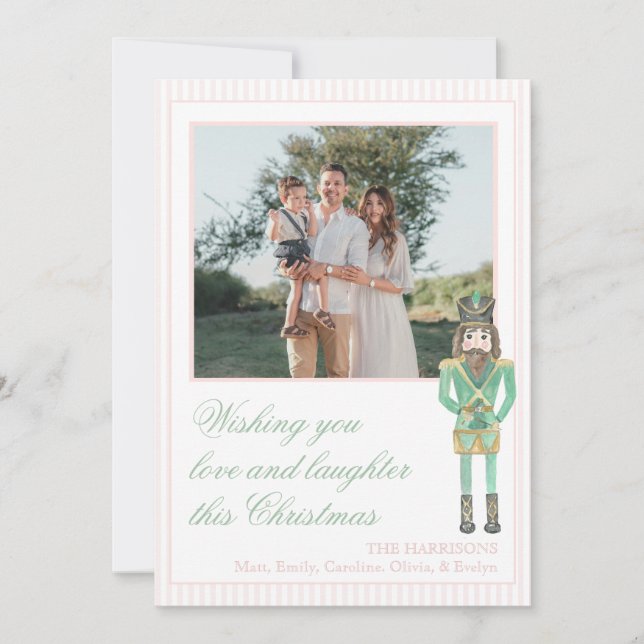Preppy Pink Green Christmas Nutcracker One Photo  Julkort (Framsida)