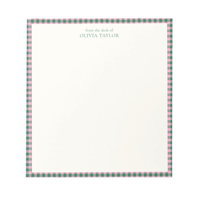 Preppy Pink Green Gingham Plaid Personalized Name Anteckningsblock (Framsida)