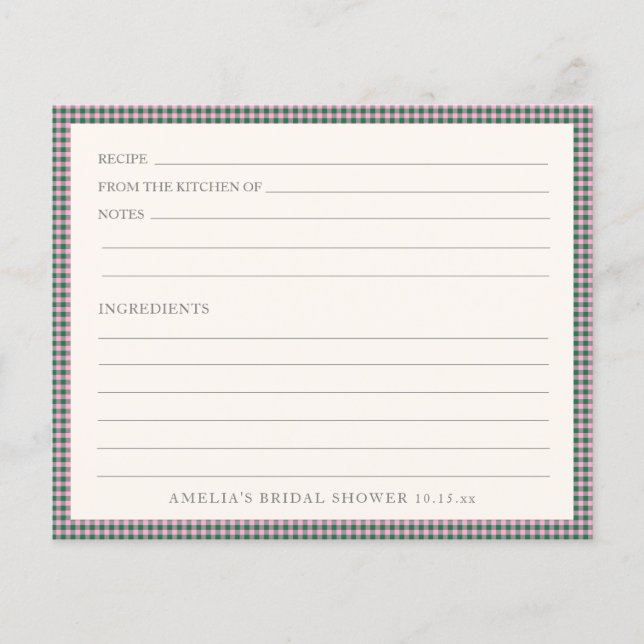 Preppy Pink Green Gingham Shower Recipe Card (Framsida)