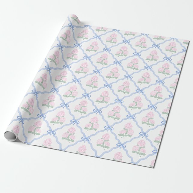 Preppy Pink Hydrangea with Blue Bow Trellis Presentpapper (Utrullad)