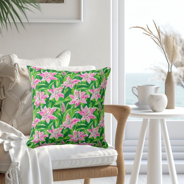 Preppy Pink Lily Floral Greenery Chic Garden Decor Kudde (Skapare uppladdad)