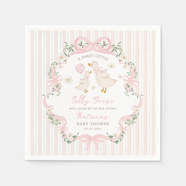 Preppy Pink Silly Goose Bow Floral Baby Shower Pappersservett (Framsidan)