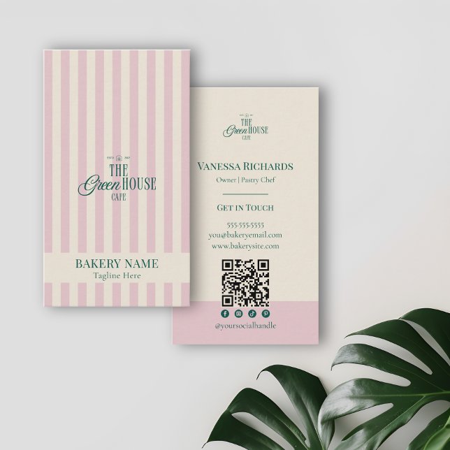 Preppy Pink Stripes Green Bakery Logo QR Code  Visitkort (Skapare uppladdad)