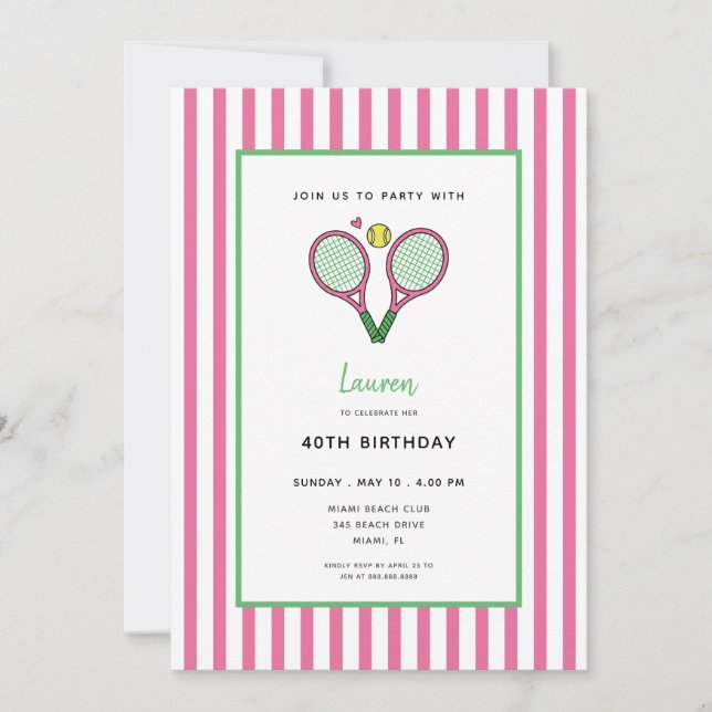 Preppy Pink Tennis Racquet Birthday  Inbjudningar (Framsida)