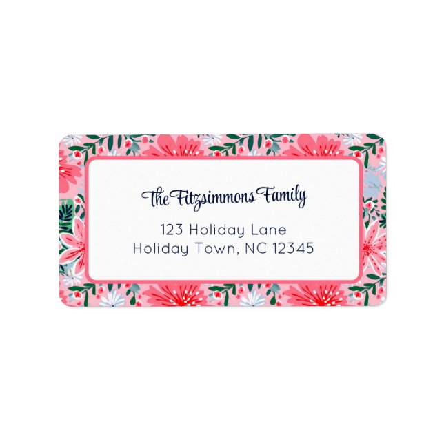 Preppy Pink Tropical Christmas Floral  Adressetikett (Framsidan)