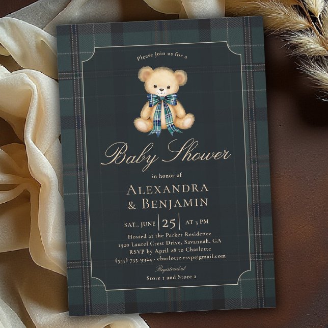 Preppy Plaid Tartan Teddy Bow Coed Boy Baby Shower Inbjudningar (preppy baby shower invitation teddy bear tartan plaid bow elegant country club modern classic coed)