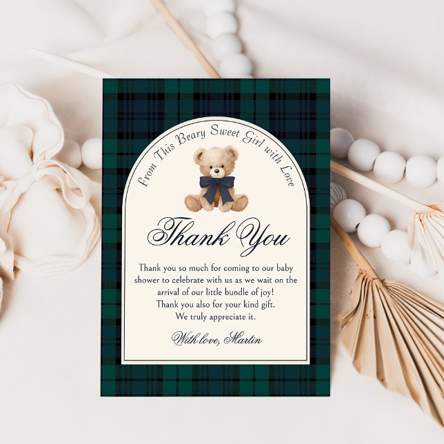 Preppy Plaid Teddy Bear Birthday Thank You Card Tack Kort (Skapare uppladdad)