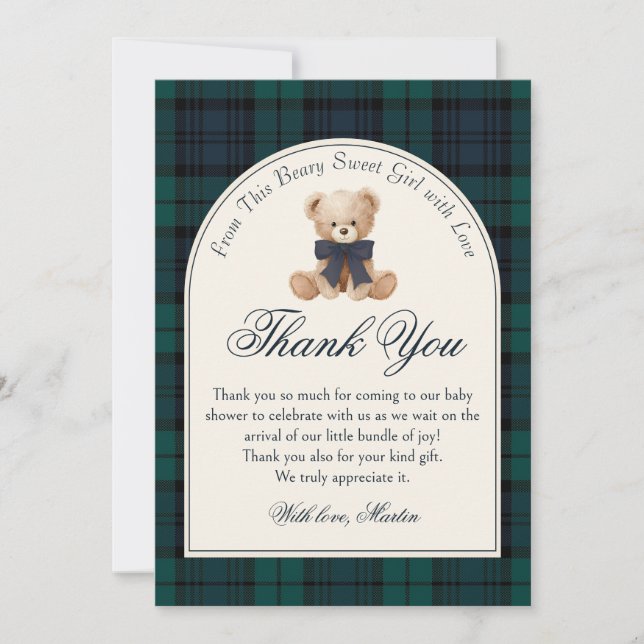 Preppy Plaid Teddy Bear Birthday Thank You Card Tack Kort (Framsida)