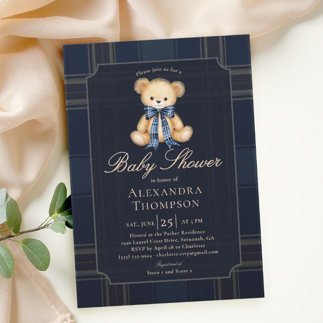 Preppy Plaid Teddy Bear Bow Blue Boy Baby Shower Inbjudningar (preppy baby shower invitation teddy bear blue plaid bow elegant country club modern classic)