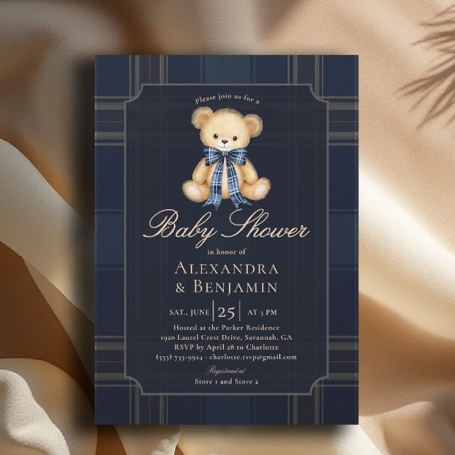 Preppy Plaid Teddy Bow Blue Coed Boy Baby Shower Inbjudningar (preppy baby shower invitation teddy bear blue plaid bow elegant country club modern classic coed)