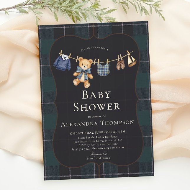 Preppy Plaid Teddy Bow Clothesline Boy Baby Shower Inbjudningar (preppy baby shower invitation teddy bear blue plaid bow elegant country club clothesline)