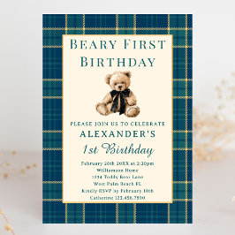 Preppy Plaid Vintage Beary First Boy 1st Birthday Inbjudningar