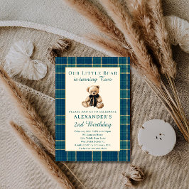 Preppy Plaid Vintage Teddybjörn Pojke 2-års födels Inbjudningar