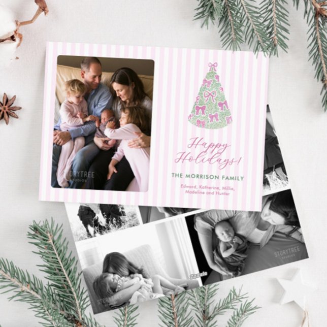 Preppy Plum Hand-Drawn Bows Christmas Tree Photo Julkort (Pretty pink and plum photo holidays card with whimsical bows and preppy stripes)