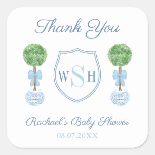 Preppy Pojke Baby Shower Monogram Tack Gåva Fyrkantigt Klistermärke