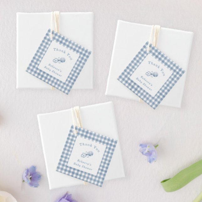 Preppy Pojke Blue Gingham med Rattle Tack Gåvor Etiketter (Skapare uppladdad)