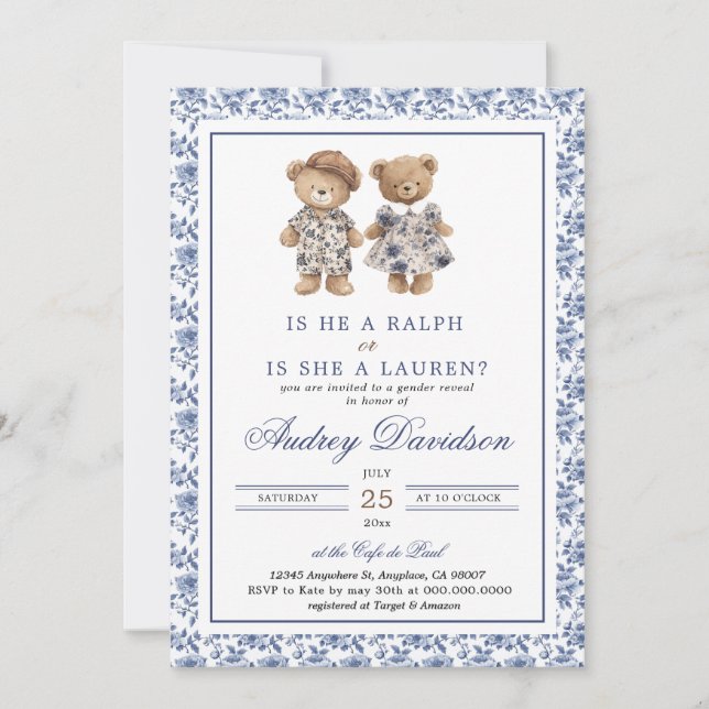 Preppy Polo Bear Chinoiserie Floral Gender Reveal  Inbjudningar (Framsida)