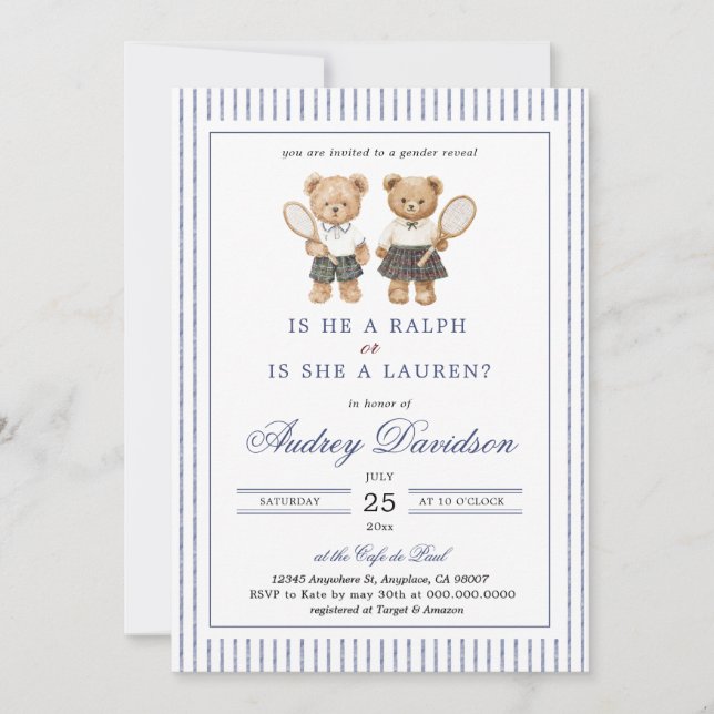 Preppy Polo Bear Lauren or Ralph Gender Reveal  Inbjudningar (Framsida)