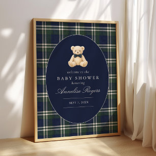 Preppy Polo Tartan Teddybjörn Pojke Baby Shower Poster