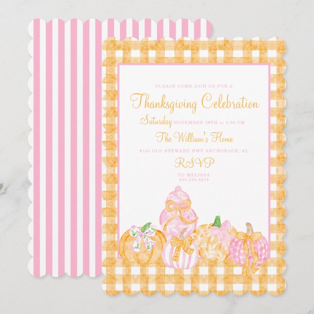 Preppy Pumpkin Bows Thanksgiving Firande Party Inbjudningar (Fram/baksida)