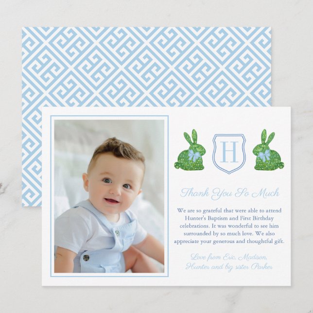 Preppy Rabbit Boy Christening 1st Birthday Party Tack Kort (Fram/baksida)