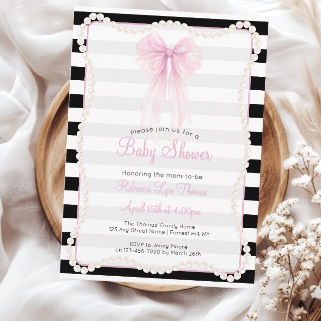 Preppy Ränder Rosa Ros Pärlor Baby Shower Inbjudningar (Skapare uppladdad)