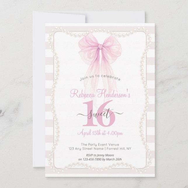 Preppy-ränder Rosa Slöja Pärlor Sweet 16 Inbjudningar (Framsida)
